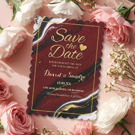 Chic Burgundy Gold Agate Marble Modern Wedding  セーブザデート