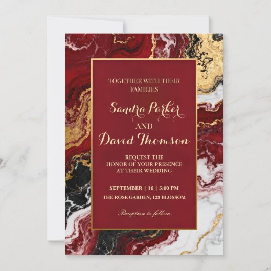 Chic Burgundy Gold Agate Marble Modern Wedding  招待状 (正面)