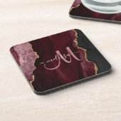 Chic Burgundy Gold Glitter Agate Custom Monogram コースター (左側)