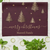 Chic Burgundy gold glitter merry christmas trees  キッチンタオル (折り畳み)