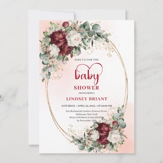 Chic Burgundy Gold Heart-Shaped Font Baby Shower  招待状 (正面)