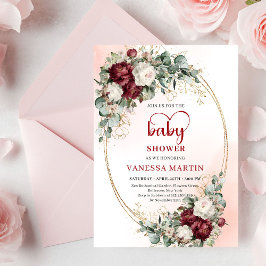 Chic Burgundy Gold Heart-Shaped Font Baby Shower  招待状