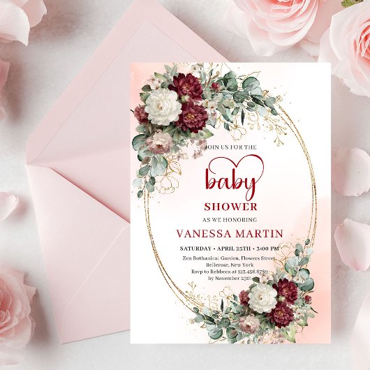 Chic Burgundy Gold Heart-Shaped Font Baby Shower  招待状