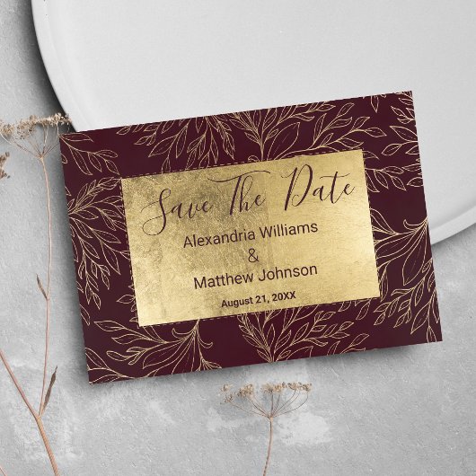 Chic burgundy gold modern floral Save The Date セーブザデート