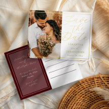 Chic Burgundy & Gold Photo Save the Date Wedding