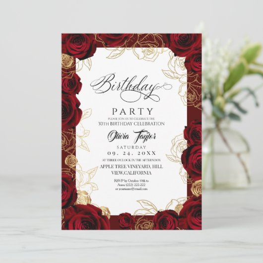 Chic Burgundy Gold Rose Birthday Invitation 招待状 (スタンド正面)