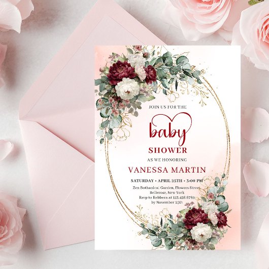 Chic Burgundy Gold Script Baby Shower Invitation 招待状