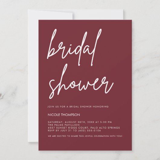 Chic Burgundy Modern Bridal Shower Invitation  招待状 (正面)