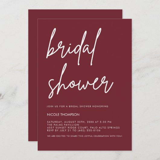 Chic Burgundy Modern Bridal Shower Invitation  招待状 (正面/裏面)