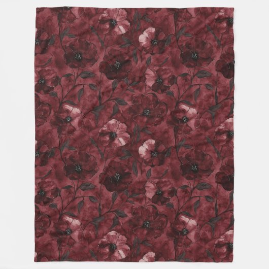 Chic Burgundy Red Floral フリースブランケット (正面)