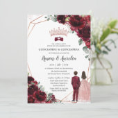 Chic Burgundy Rose Gold Twins Boy Girl Quinceanera 招待状 (スタンド正面)