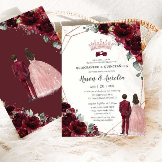 Chic Burgundy Rose Gold Twins Boy Girl Quinceanera 招待状