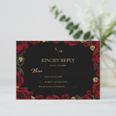 Chic Burgundy Roses Boho Wedding 出欠カード (スタンド正面)