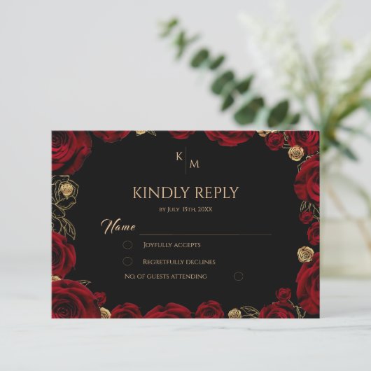 Chic Burgundy Roses Boho Wedding 出欠カード (スタンド正面)
