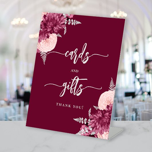 Chic Burgundy Silver Floral Wedding Cards Gifts 台座サイン