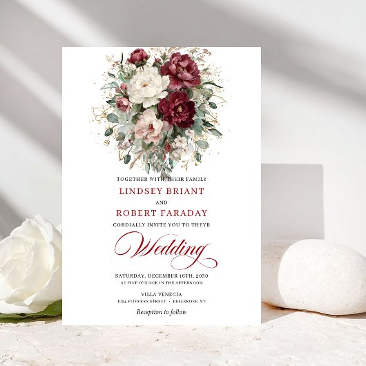 Chic Burgundy White Eucalyptus Wedding Invitation 招待状