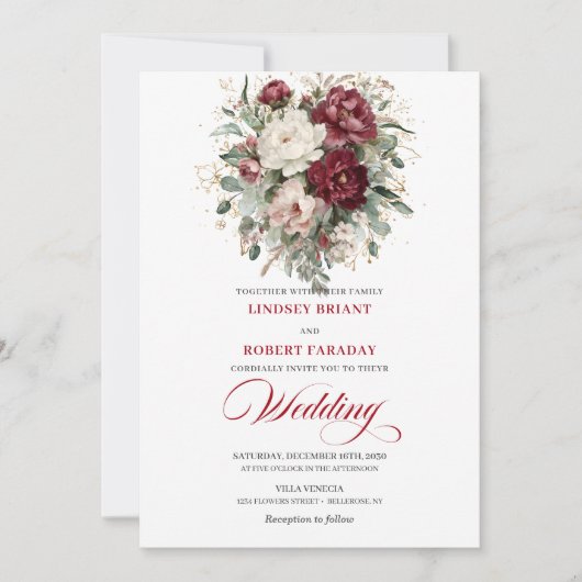Chic Burgundy White Eucalyptus Wedding Invitation 招待状 (正面)