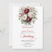 Chic Burgundy White Floral Eucalyptus Gold Wedding 招待状 (正面)