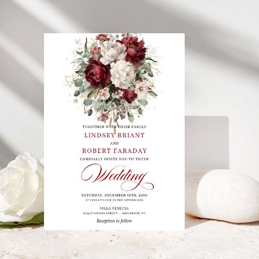 Chic Burgundy White Floral Garden Wedding Invite 招待状