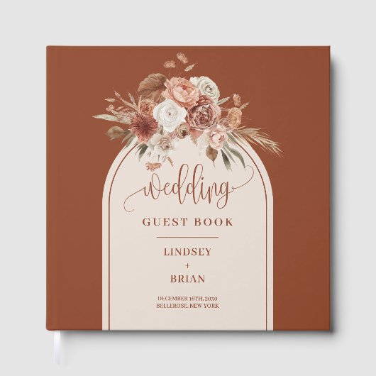 Chic Burnt Orange Pampas Grass Boho Arch Wedding ゲストブック (正面)