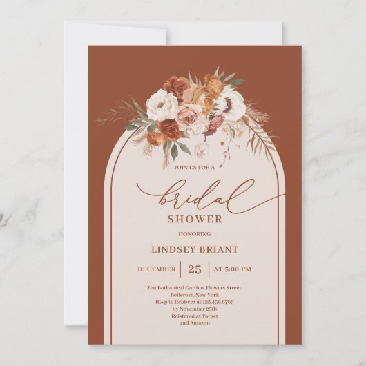 Chic Burnt Orange Pampas Grass Boho Bridal Shower 招待状 (正面)