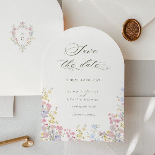 Chic Calligraphy wildflowers Wedding Save the Date 招待状