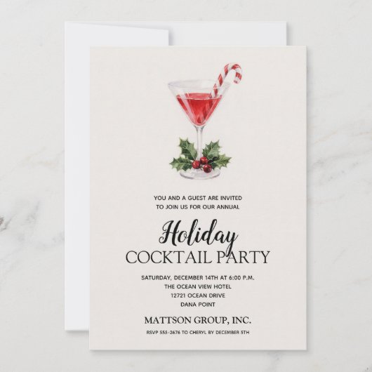Chic Candy Cane Martini Holiday Cocktail Party 招待状 (正面)