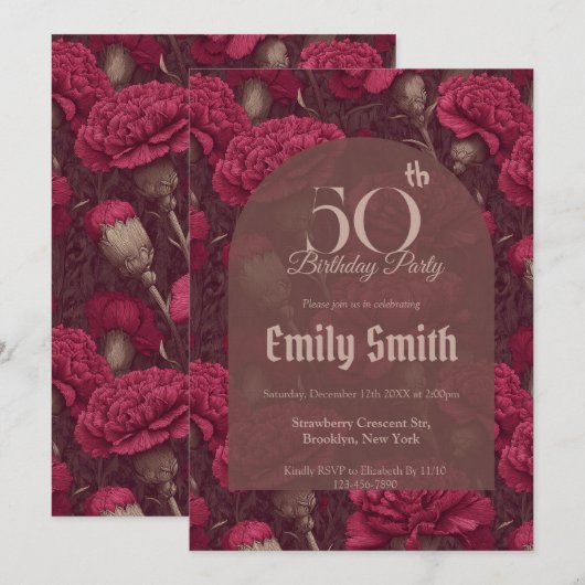 Chic Carnation Themed Girl’S Birthday 招待状 (正面/裏面)