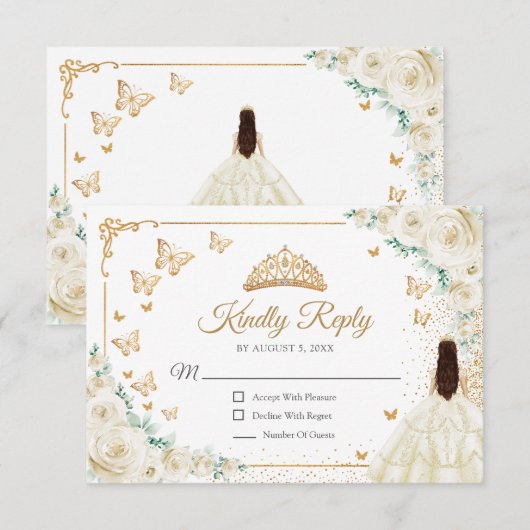 Chic Champagne Ivory Roses Gold Quinceanera Reply 出欠カード (正面/裏面)