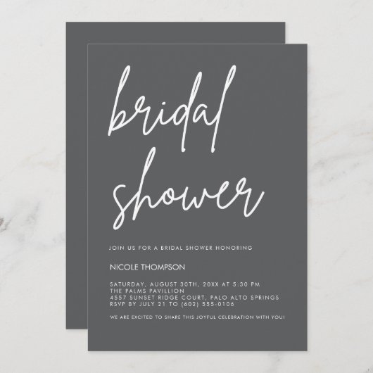 Chic Charcoal Modern Bridal Shower Invitation 招待状 (正面/裏面)