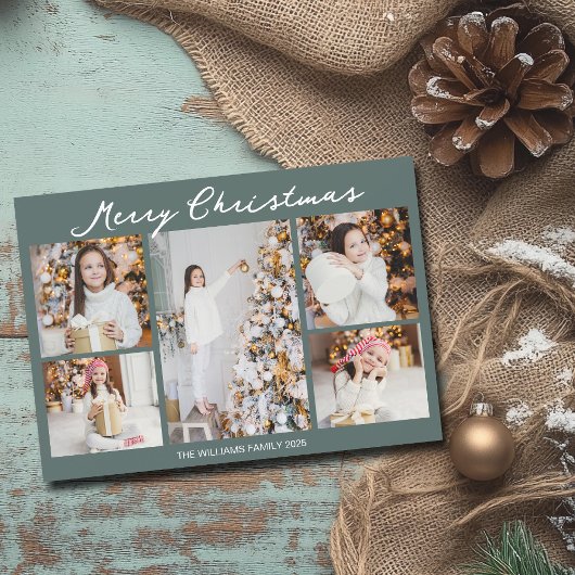 Chic Christmas Family Photo Collage Grey Green シーズンカード