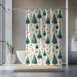 Chic Christmas Trees Watercolor Holiday Curtain シャワーカーテン