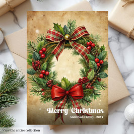 Chic Christmas wreath classic holly berries シーズンカード