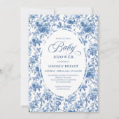 Chic Classic Blue Toile de Jouy Floral Baby Shower 招待状 (正面)