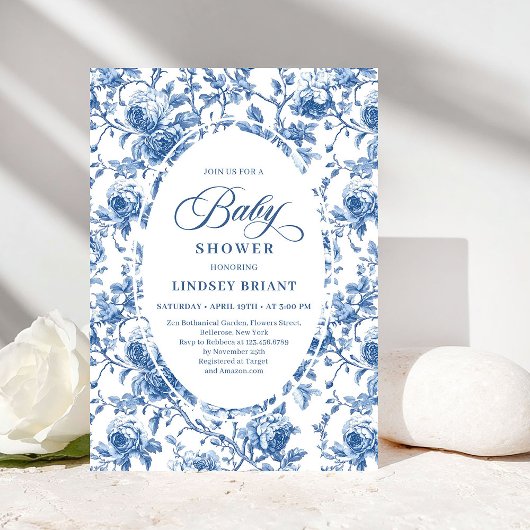 Chic Classic Blue Toile de Jouy Floral Baby Shower 招待状