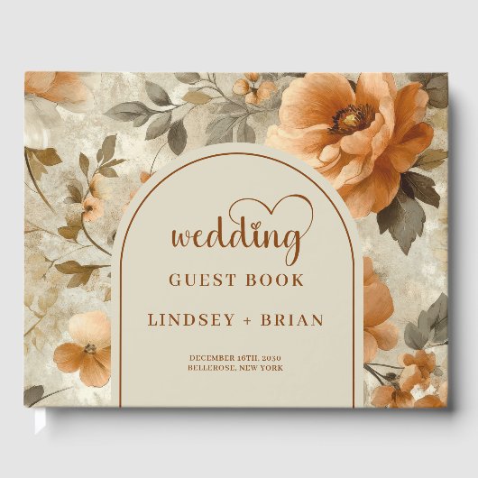 Chic Classic Boho Copper Beige Sage Floral Wedding ゲストブック (正面)
