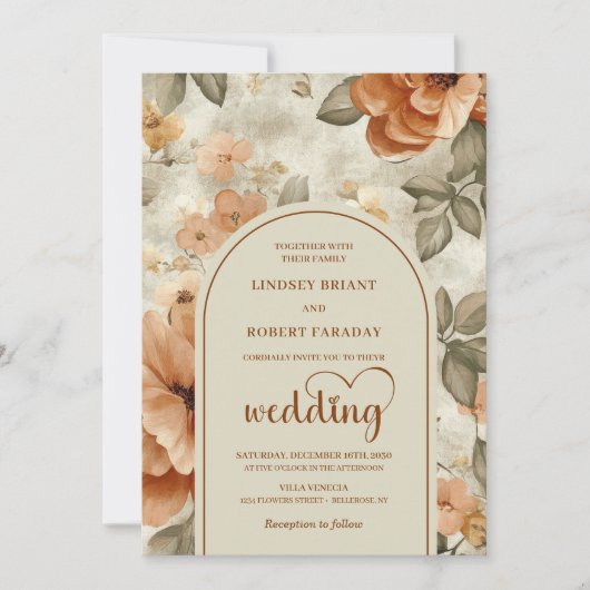 Chic Classic Boho Copper Ivory Sage Floral Wedding 招待状 (正面)