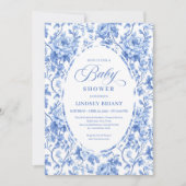 Chic Classic French Toile de Jouy Navy Baby Shower 招待状 (正面)