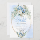 Chic Classic Pastel Blue Floral Gold Bridal Shower 招待状 (正面)