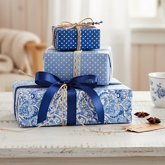 Chic Classy Blue Paisley Floral Art Wrapping Paper ラッピングペーパーシート
