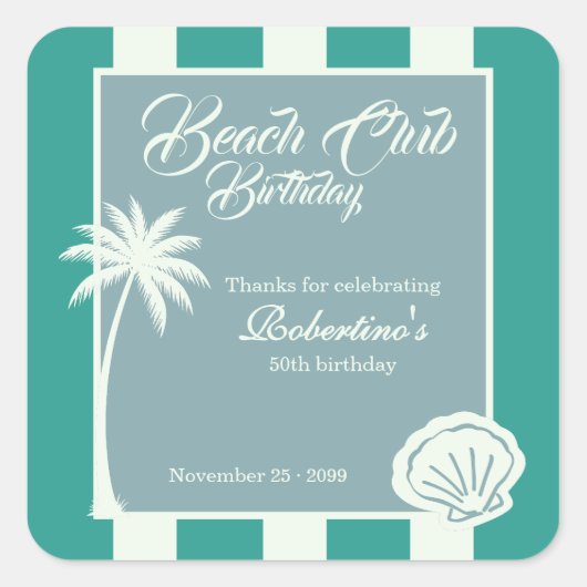 Chic Coastal Stripe Beach Club 50th Birthday スクエアシール (正面)