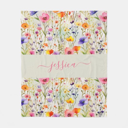 Chic colorful wildflowers watercolor script name フリースブランケット (正面)