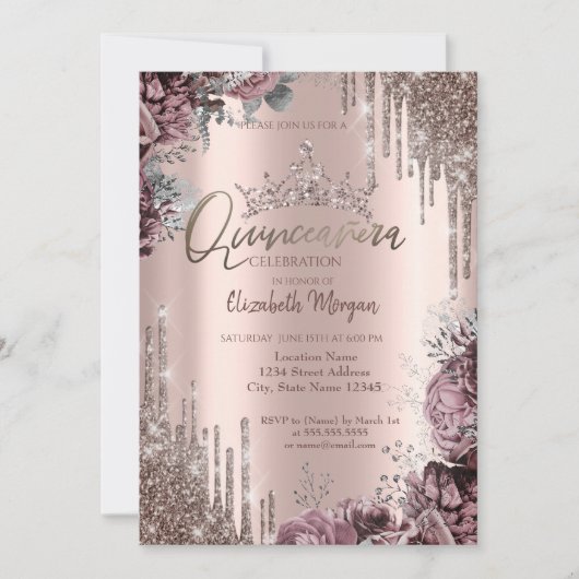 Chic Cool Glitter Crown Drop Dark Roses 招待状 (正面)