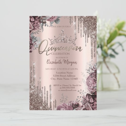 Chic Cool Glitter Crown Drop Dark Roses 招待状 (スタンド正面)