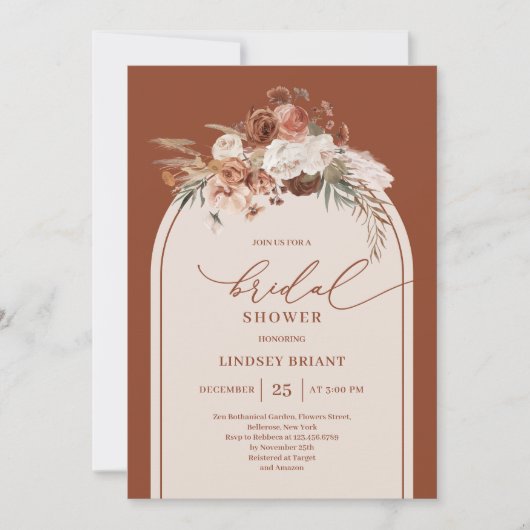 Chic Copper Pampas Grass Boho Bridal Shower Invite 招待状 (正面)