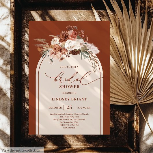 Chic Copper Pampas Grass Boho Bridal Shower Invite 招待状