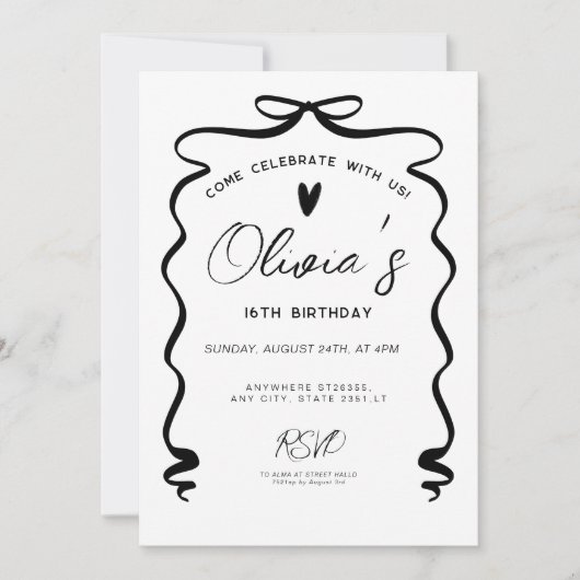 Chic coquette Black Bow 16th Birthday Party 招待状 (正面)