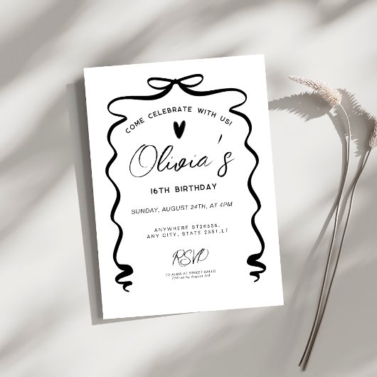 Chic coquette Black Bow 16th Birthday Party 招待状