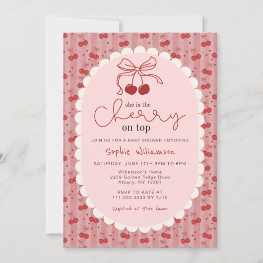 Chic Coquette Bow Cherry On Top Girl Baby Shower  招待状 (正面)