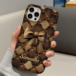 Chic coquette bow faux leather monogram  iPhone 16ケース